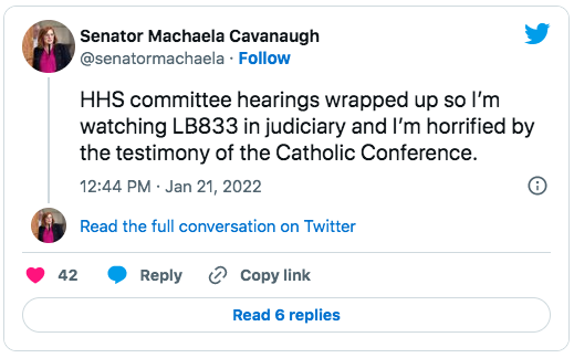 HHS committee hearings wrapped up so I'm watching LB833 in judiciary and I'm horrified by the testimony of the Catholic Conference.